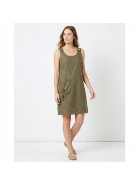 CARRE NOIR 100% Linen Fully Lined One Pocket Popover Dress Hidden Side Zip Sz S